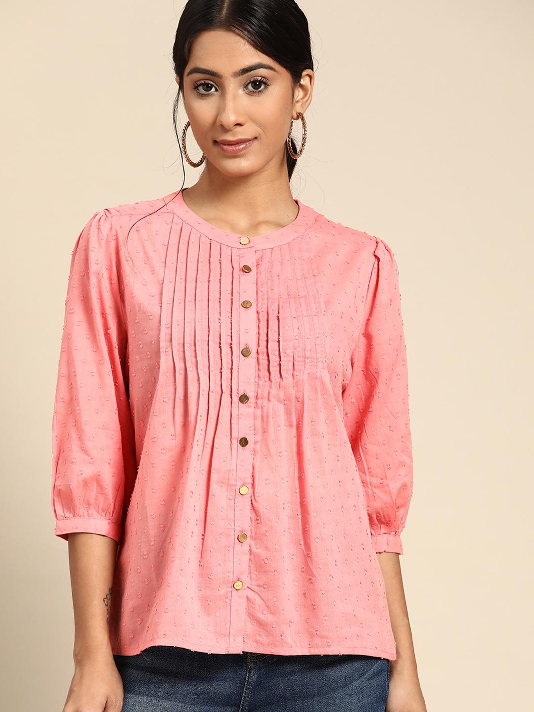 

all about you Women Pink Dobby Weave Pure Cotton Shirt Style Top