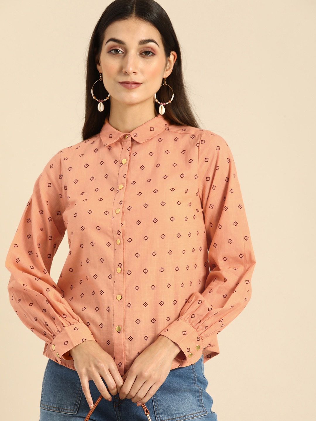 

all about you Women Peach-Coloured Printed Casual Shirt