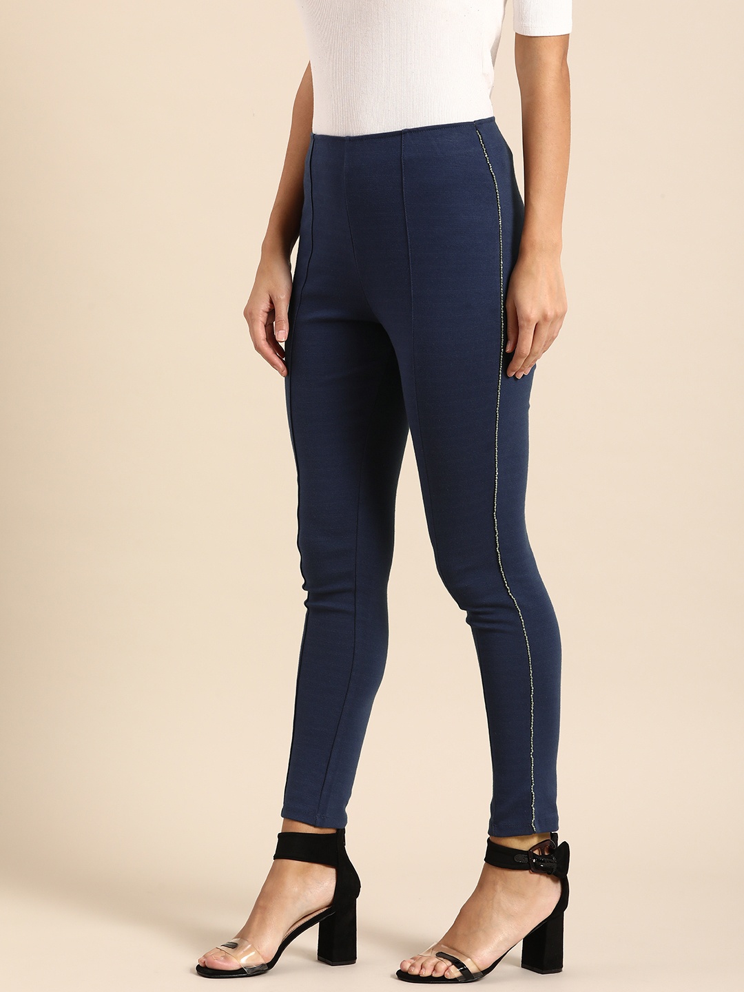 

all about you Women Navy Blue Solid Jeggings with Embellished Tape Detail