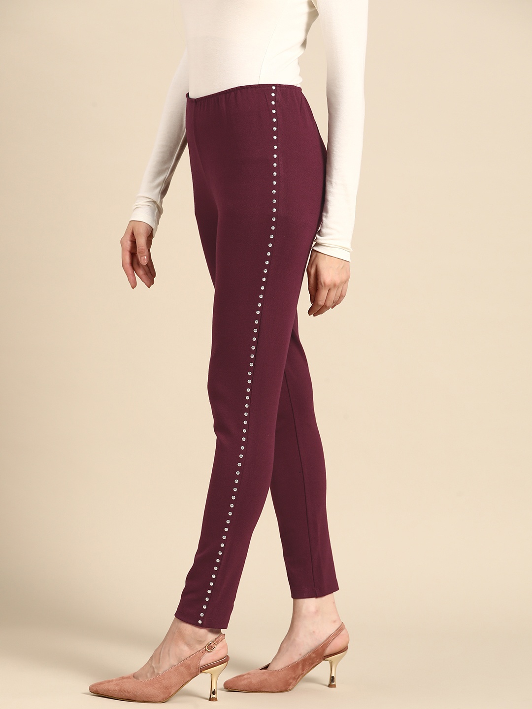 

all about you Women Maroon Solid Metallic Studs Jeggings