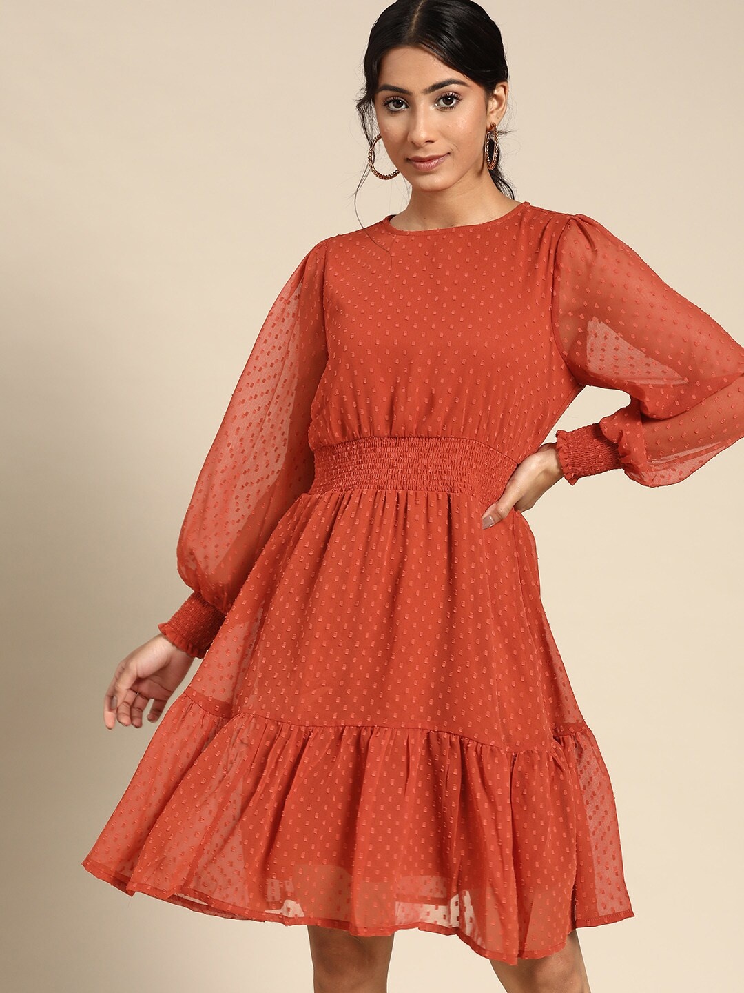 

all about you Rust Orange Dobby Weave Cinched Waist A- Line Dress