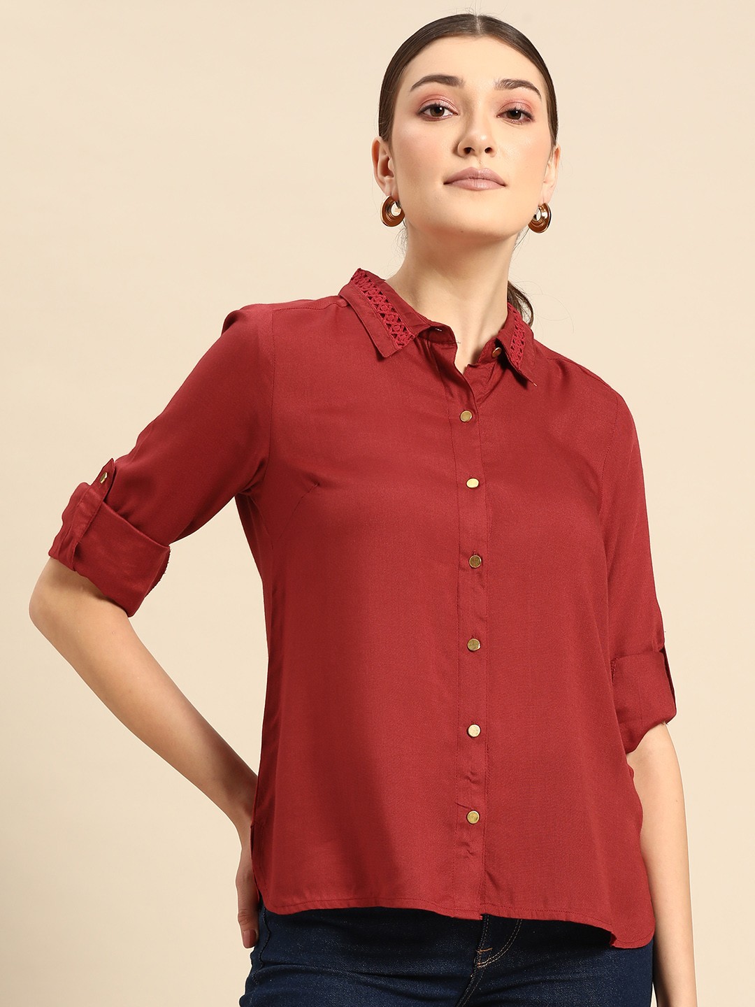 

all about you Rust Red Solid Lace Detail Roll-Up Sleeves Shirt