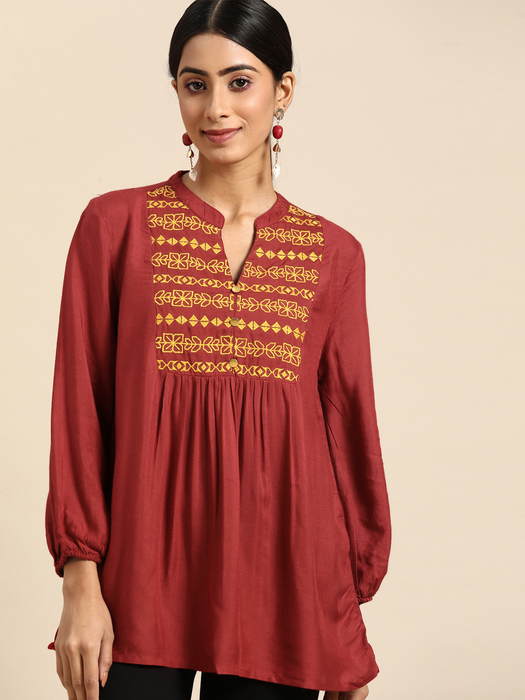 

all about you Women Maroon & Mustard Yellow Embroidered Longline Top