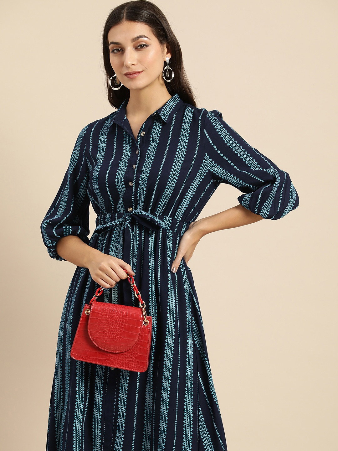

all about you Women Ethnic Motifs Printed Fit And Flare Dress With Tie-Up Detail, Navy blue