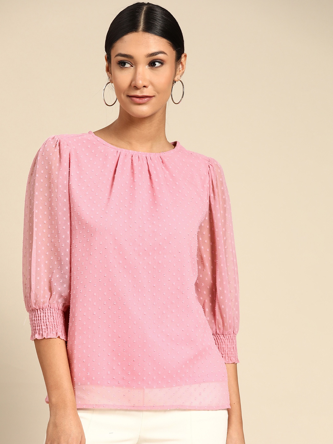 

all about you Women Pink Dobby Weave Top