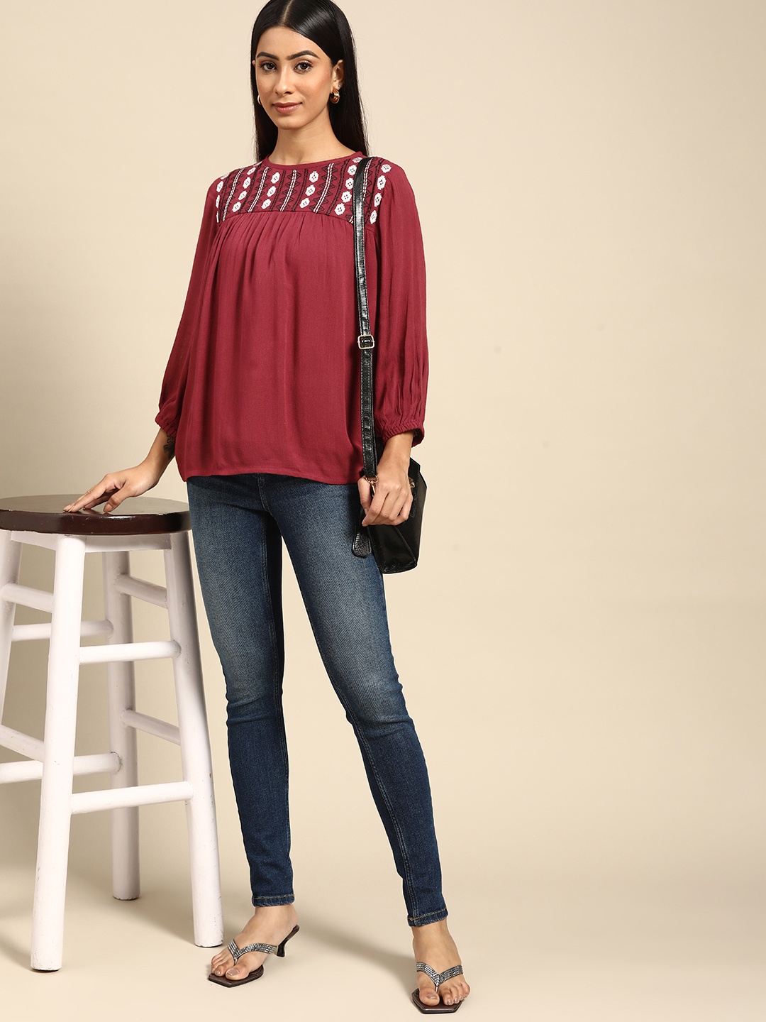 

all about you Maroon & White Geometric Embroidered Top