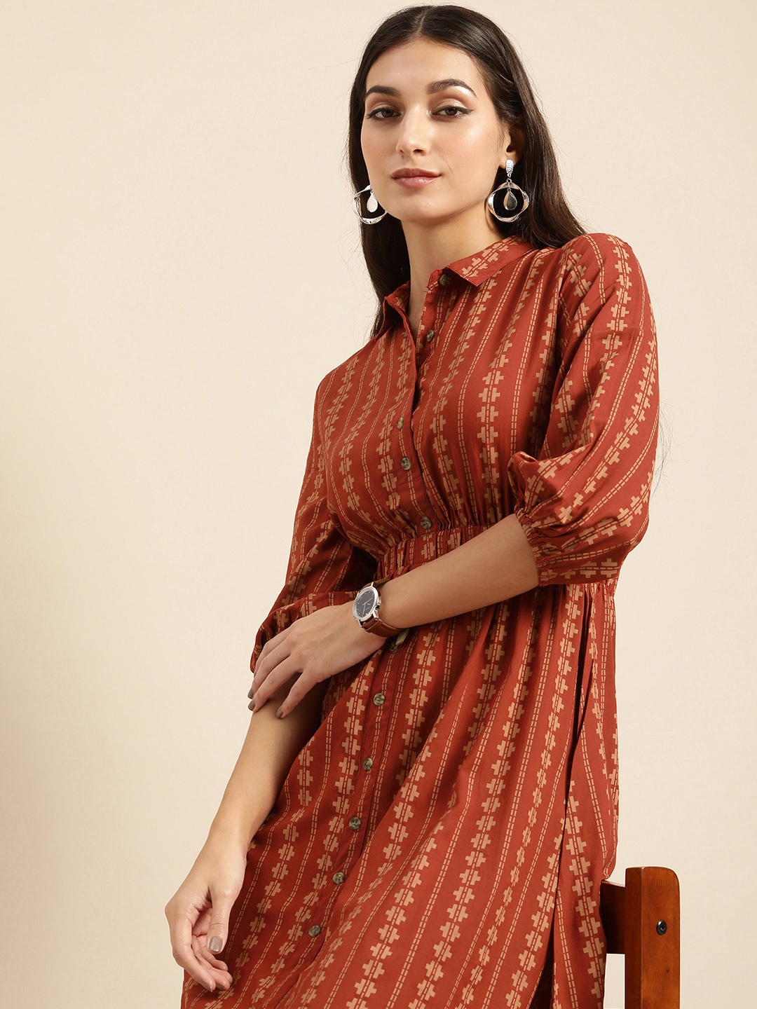 

all about you Women Geometric Printed Fit And Flare Dress, Rust