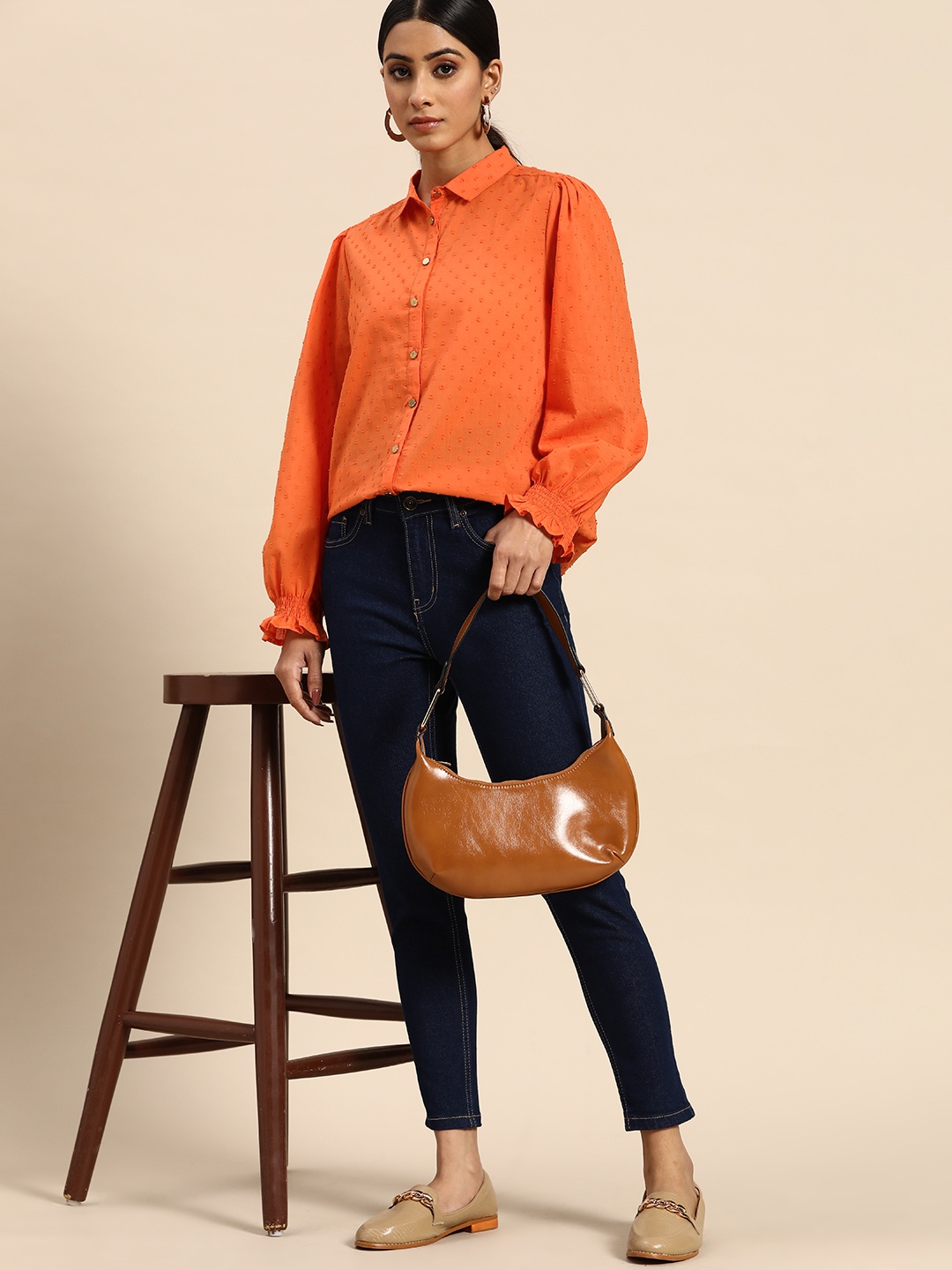 

all about you Women Orange Dobby Detail Pure Cotton Casual Shirt