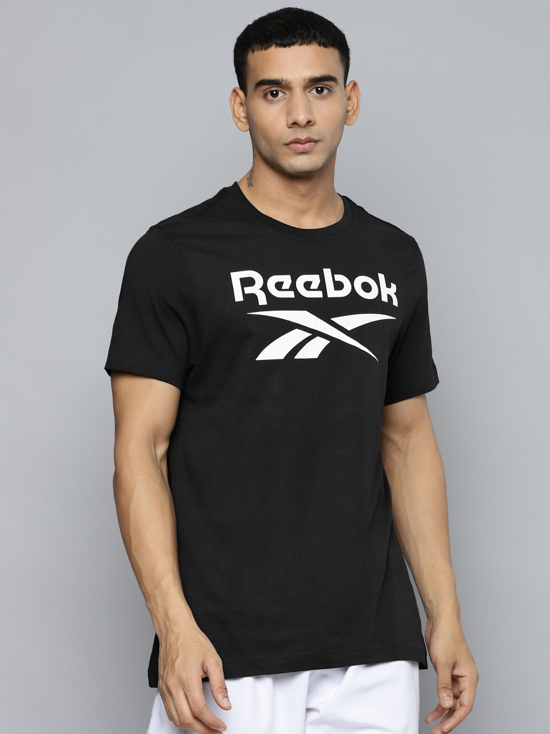 

Reebok Men Black & White Identity Big Logo Pure Cotton Slim Fit T-shirt