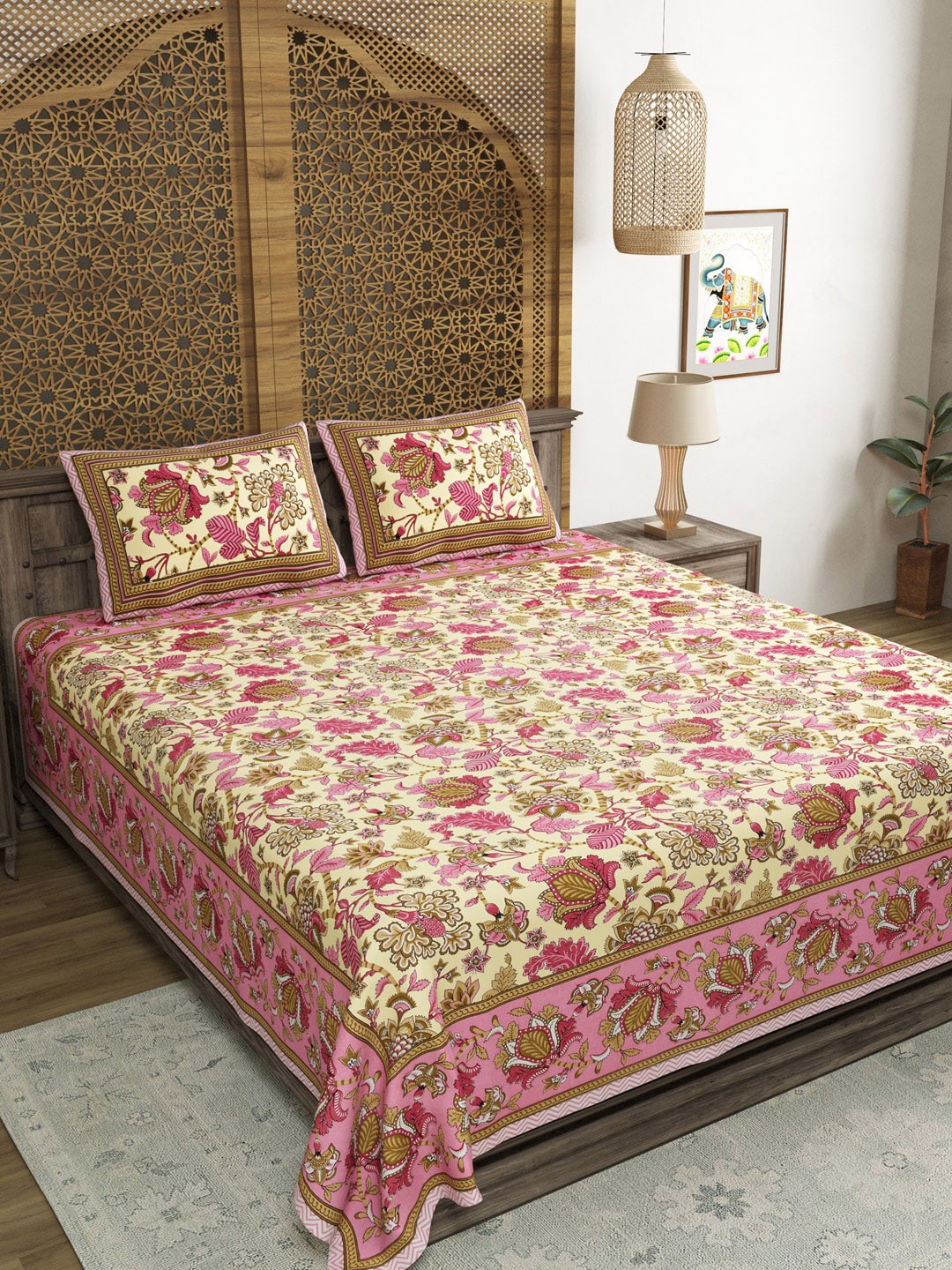 

BLOCKS OF INDIA Pink & Cream-Coloured Floral 210 TC King Bedsheet with 2 Pillow Covers