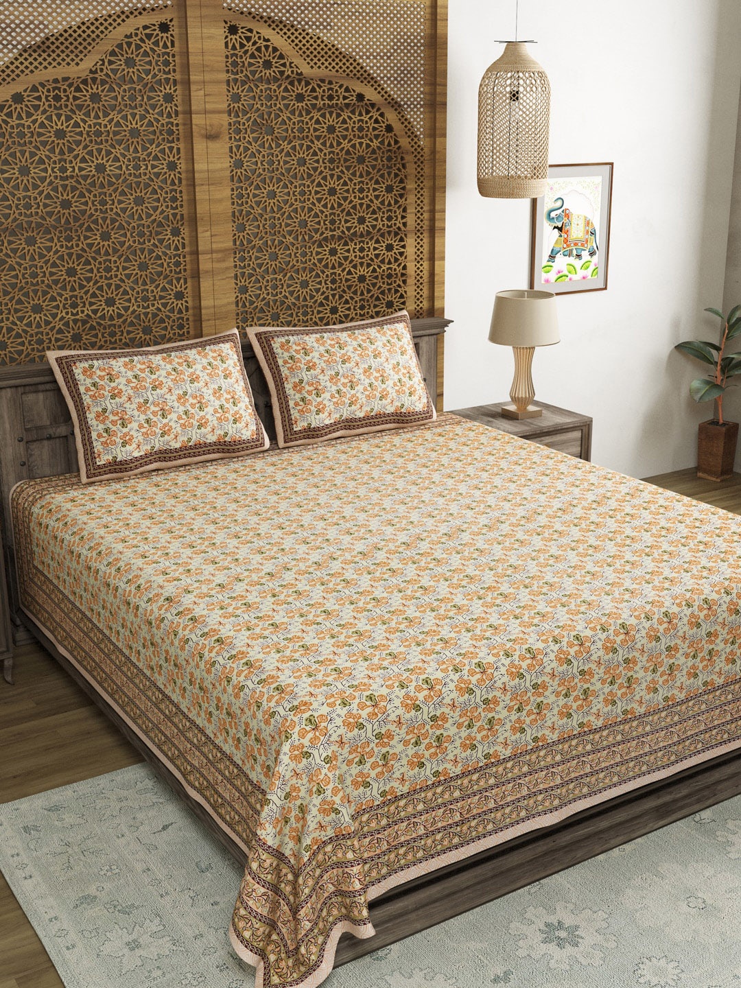 

BLOCKS OF INDIA Beige & Orange Floral 210 TC King Bedsheet with 2 Pillow Covers