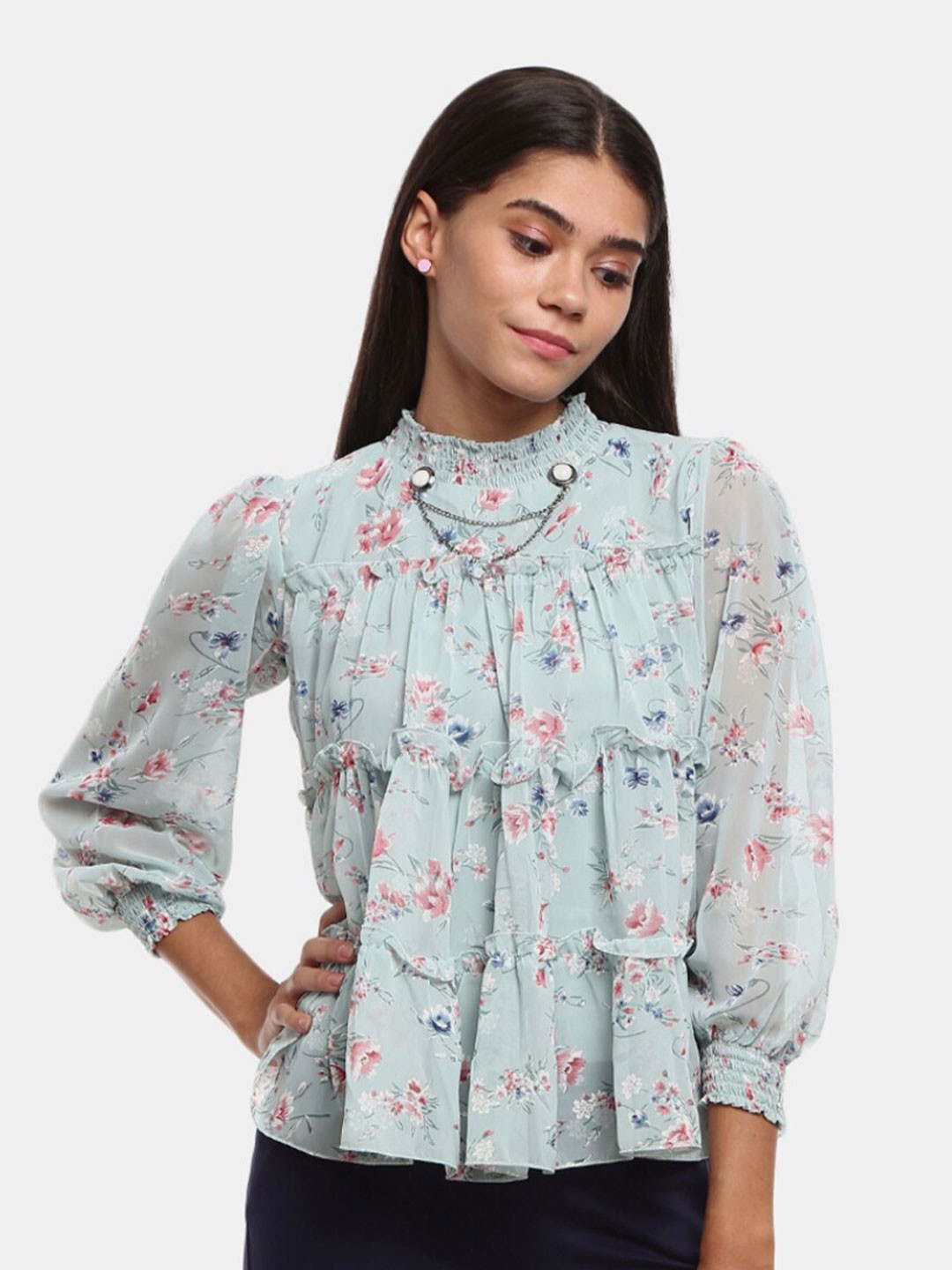 

V-Mart Green Floral Print Top