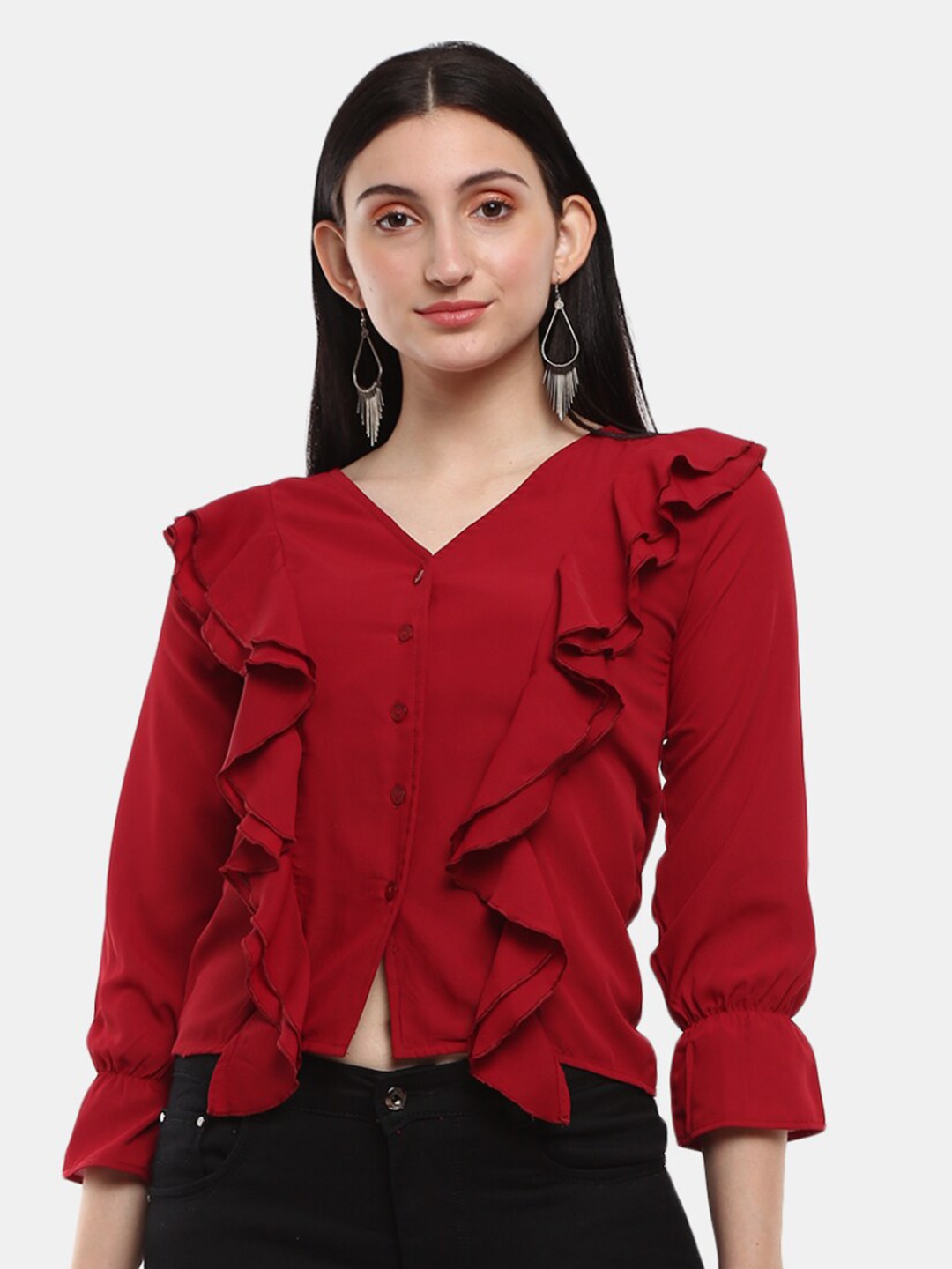 

V-Mart Women Western Solid Georgette Maroon Ruffles Shirt Style Top