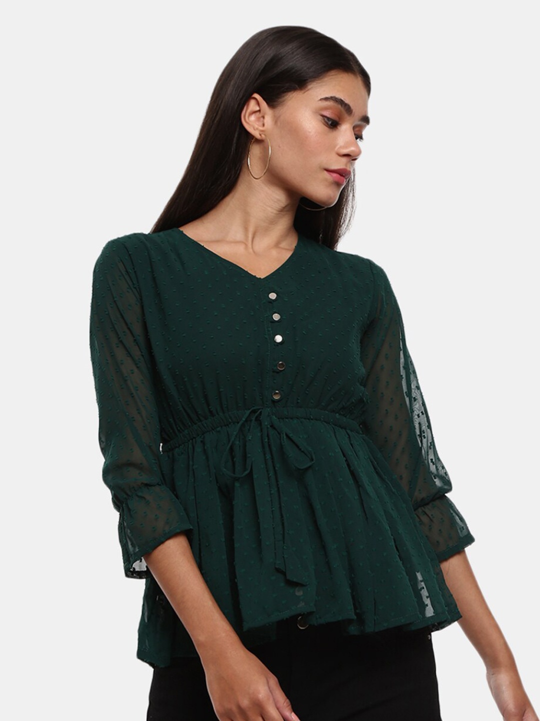 

V-Mart Green Cinched Waist V-Neck Top