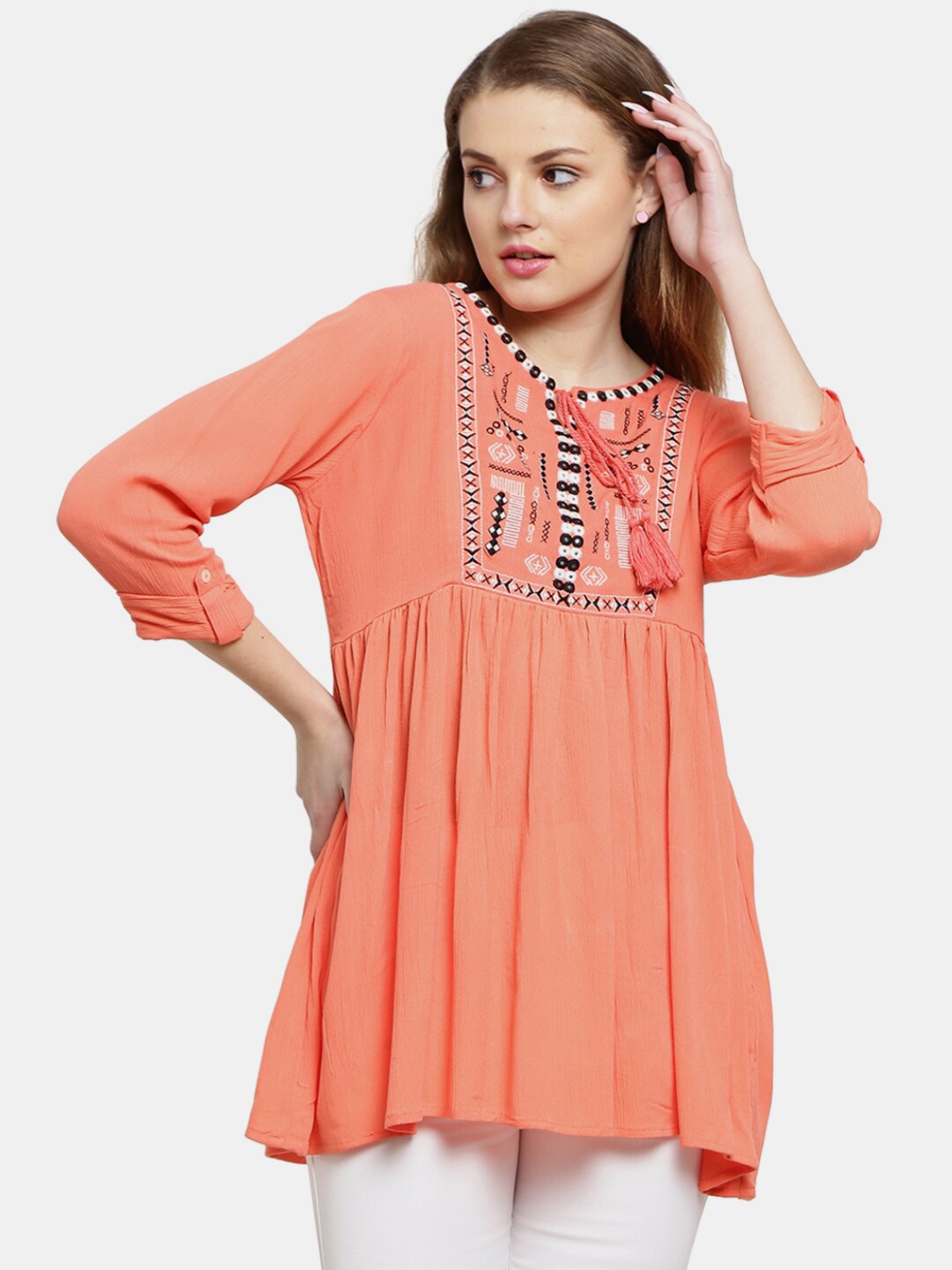 

V-Mart Coral Embroidered Tie-Up Neck Roll-Up Sleeves Top