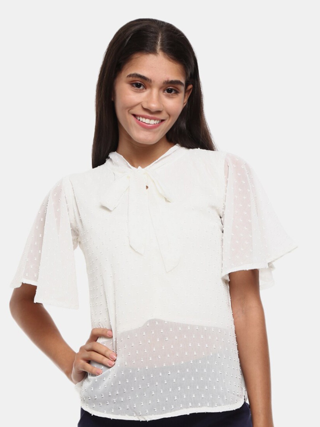 

V-Mart Women Off White Tie-Up Neck Top