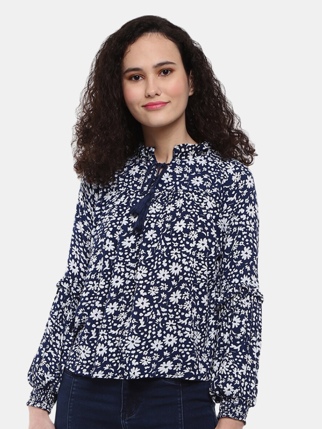 

V-Mart Navy Blue Floral Print Tie-Up Neck Shirt Style Top