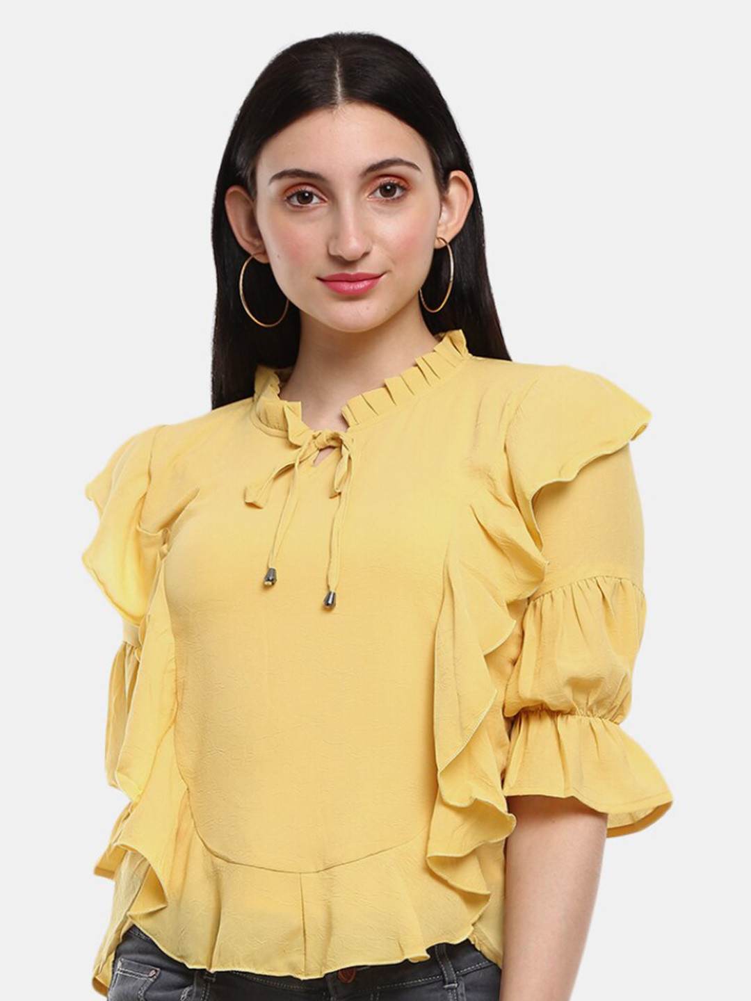 

V-Mart Women Mustard Yellow Tie-Up Neck Top