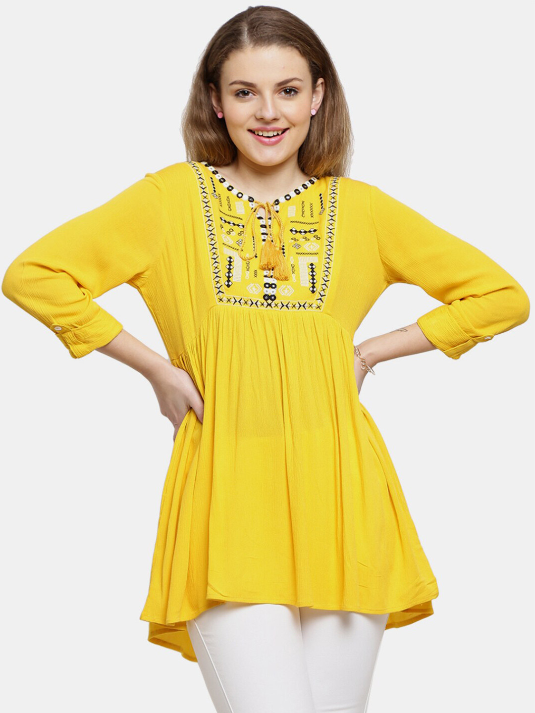 

V-Mart Mustard Yellow Tie-Up Neck Empire Longline Top