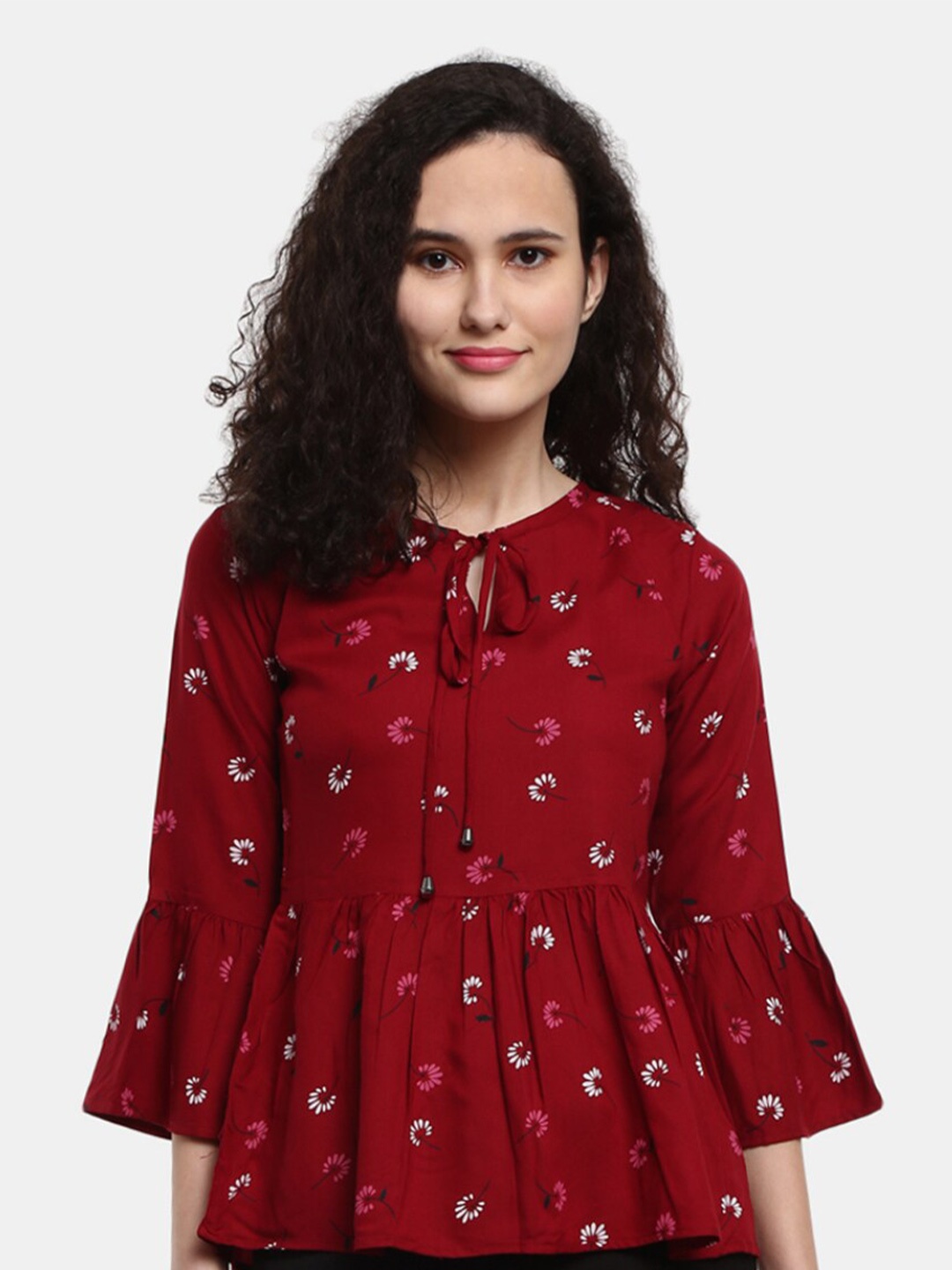 

V-Mart Maroon Floral Print Tie-Up Neck Peplum Top