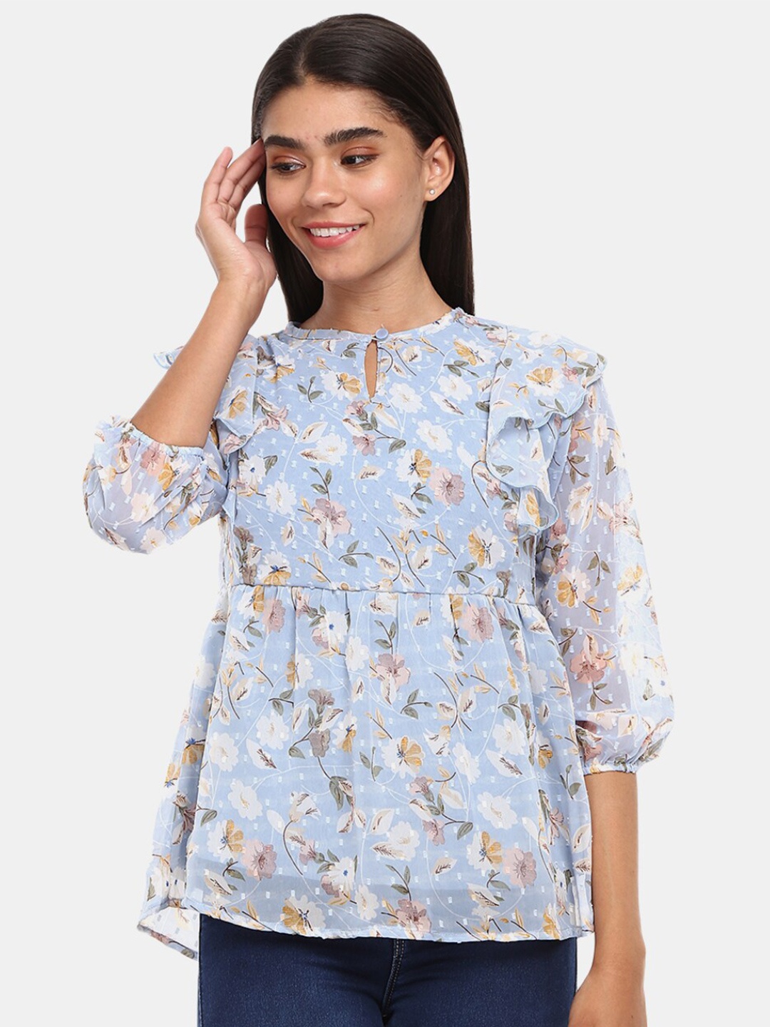 

V-Mart Women Blue & White Floral Printed Keyhole Neck Top