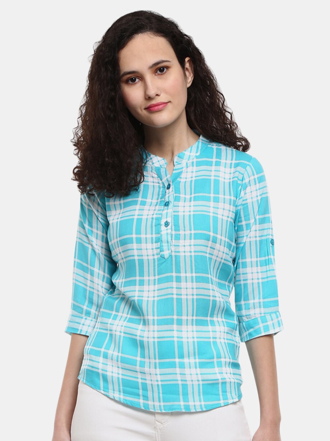 

V-Mart Blue Checked Mandarin Collar Roll-Up Sleeves Shirt Style Top
