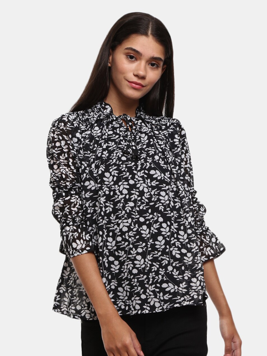 

V-Mart Black Floral Print Tie-Up Neck Top