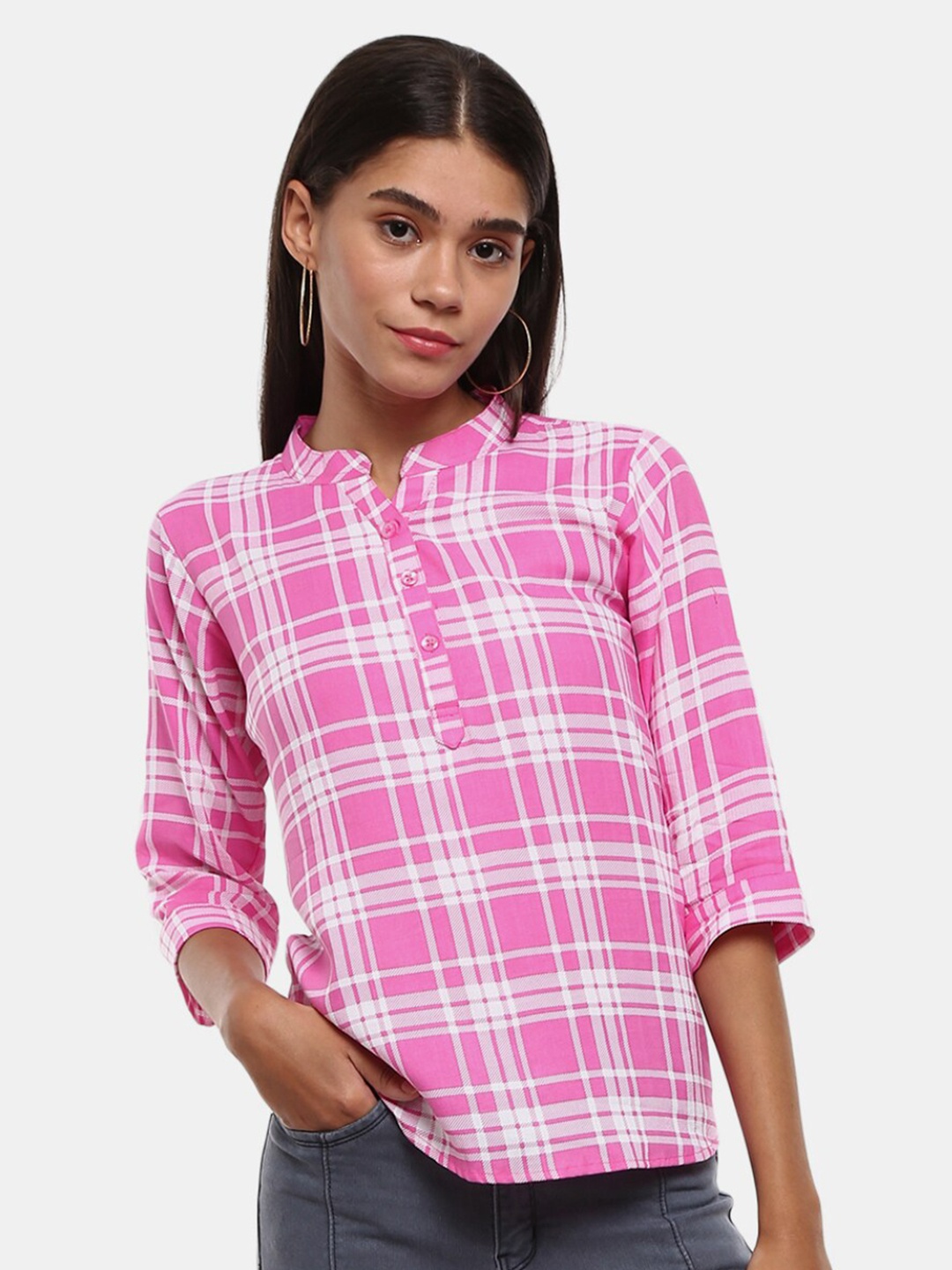 

V-Mart Pink Checked Mandarin Collar Shirt Style Top