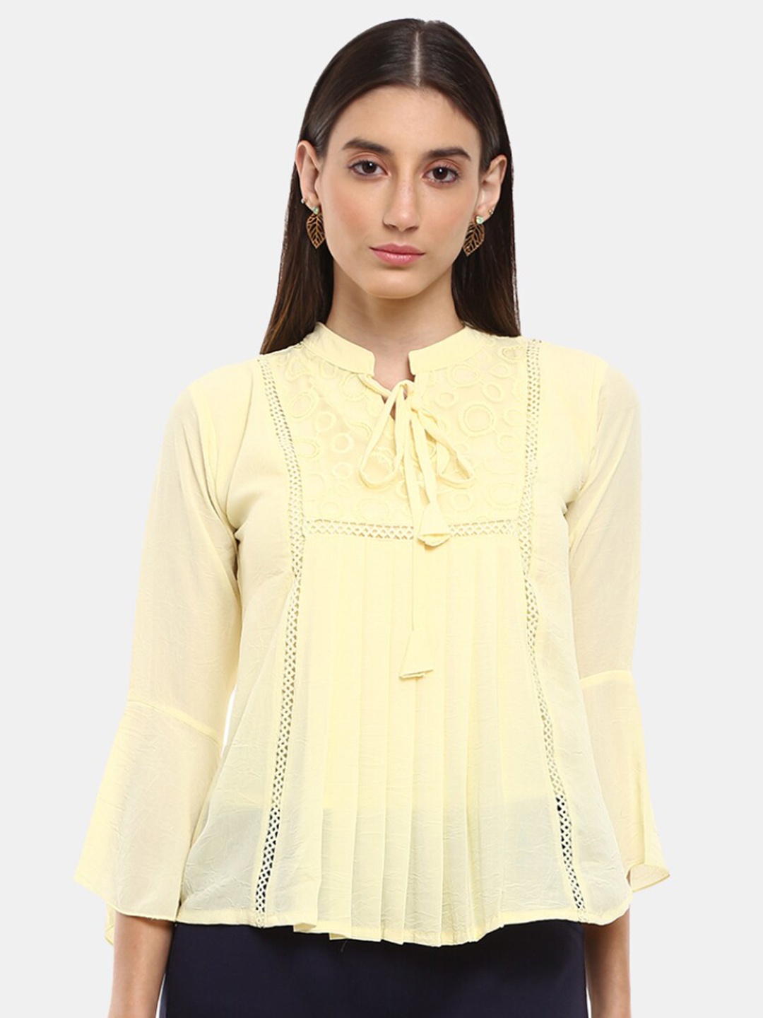 

V-Mart Yellow Self Design Tie-Up Neck Top