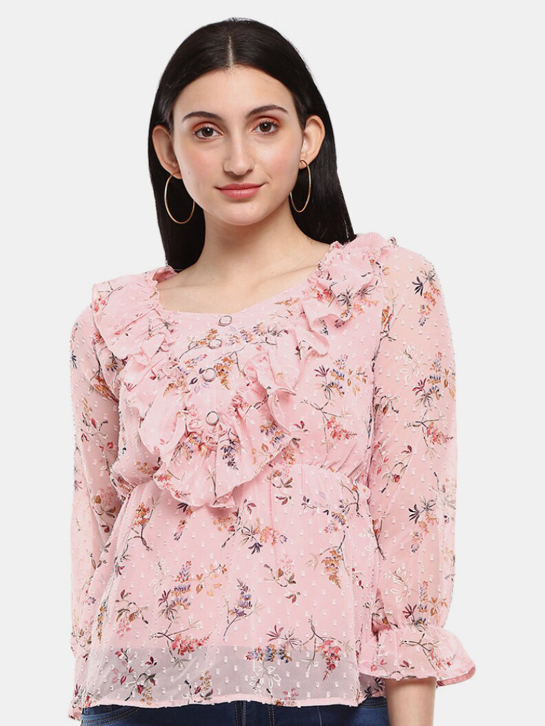 

V-Mart Pink Floral Print Cinched Waist Top