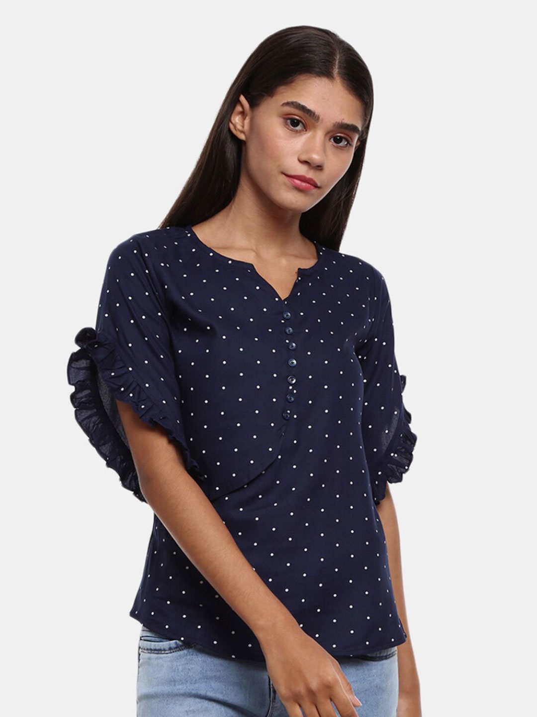 

V-Mart Navy Blue Geometric Print Top