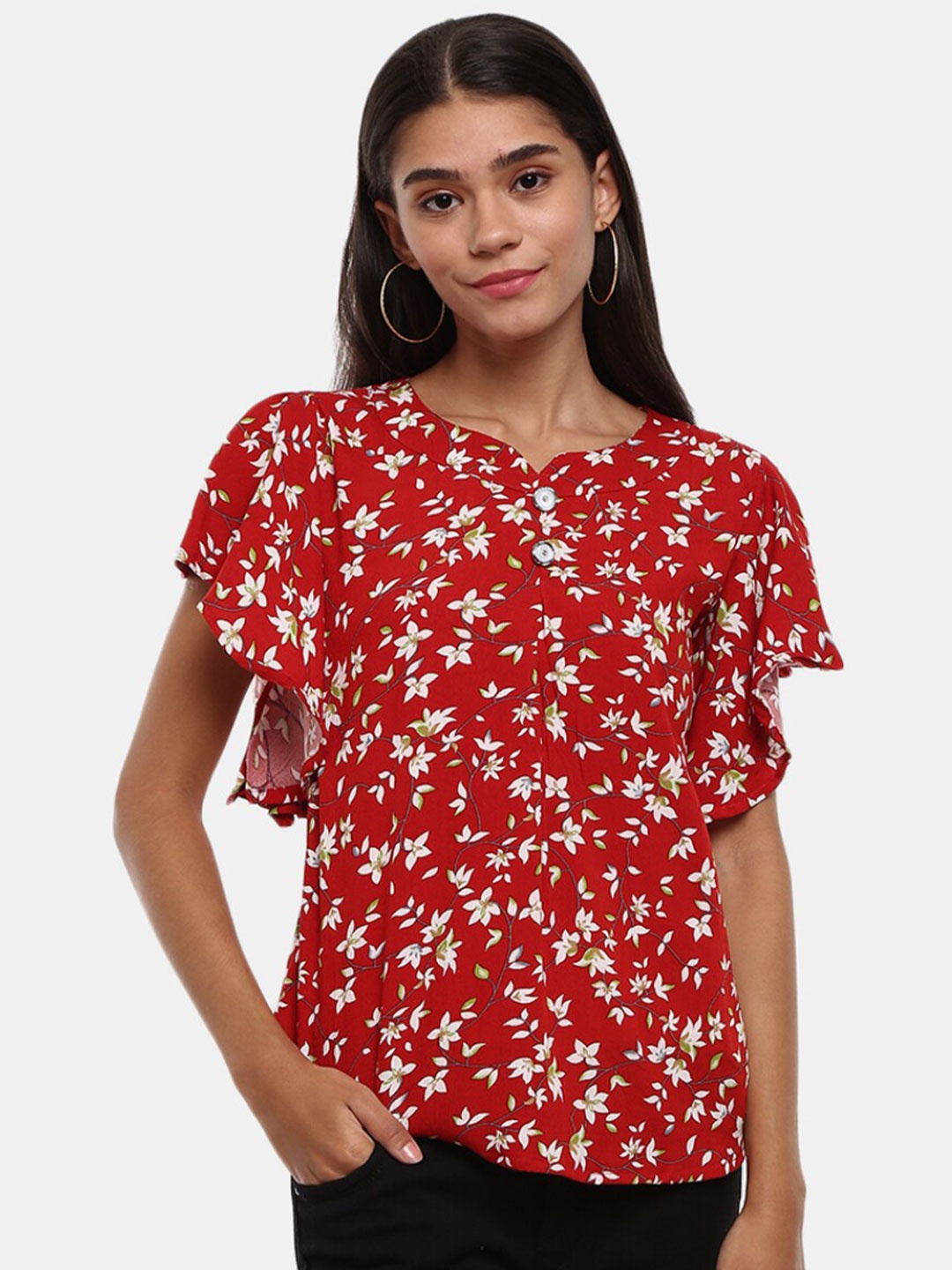 

V-Mart Red & White Floral Print Top