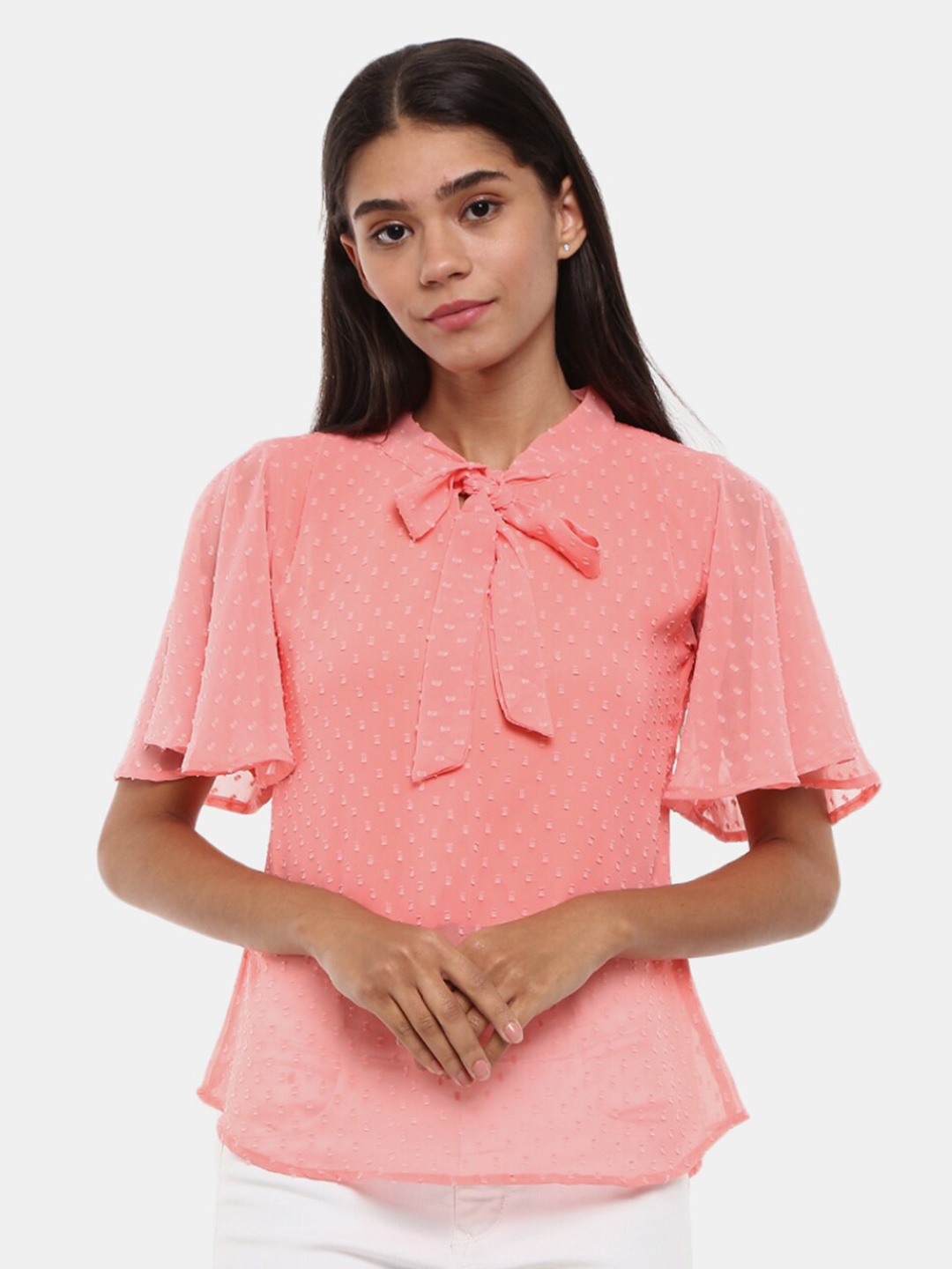 

V-Mart Pink Tie-Up Neck Top