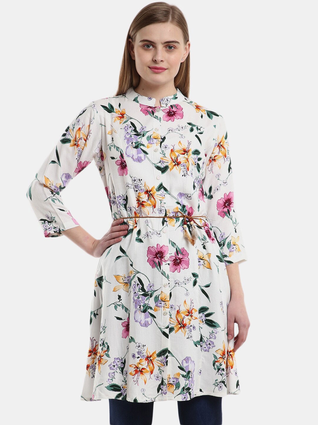 

V-Mart Off White Floral Print Longline Top