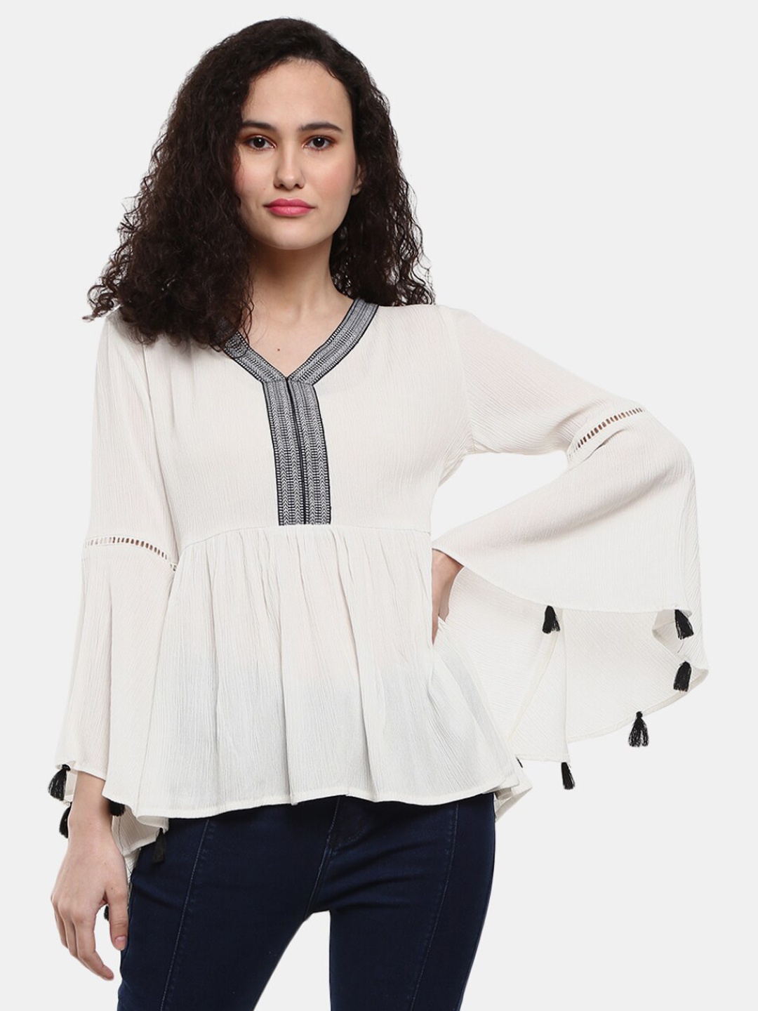 

V-Mart White Western Solid Rayon V Neck Cinched Waist Top