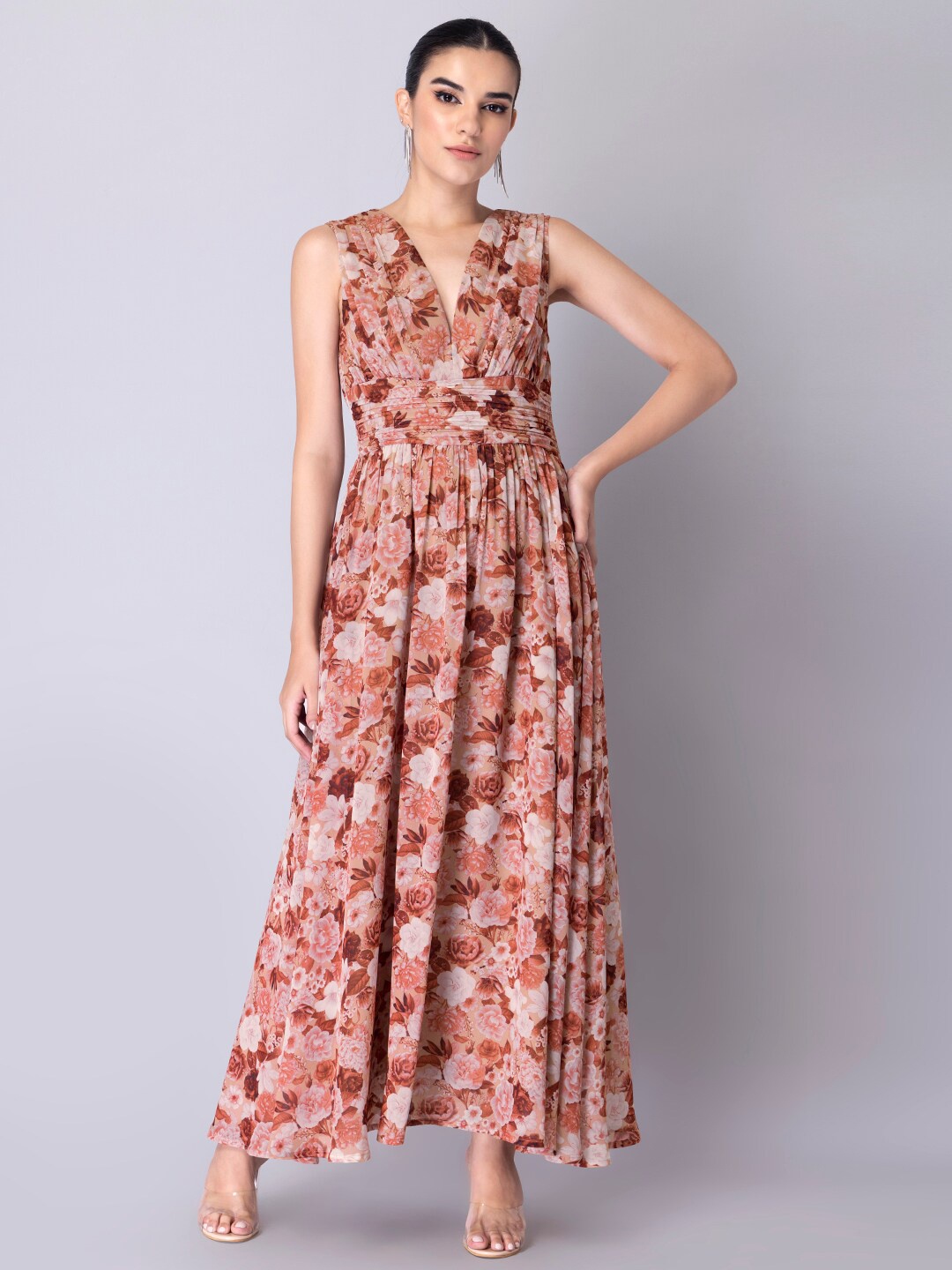 

FabAlley Women Brown Floral Georgette Maxi Dress