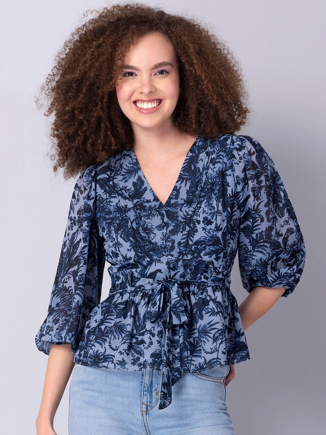 

FabAlley Blue Print Georgette Shirt Style Top