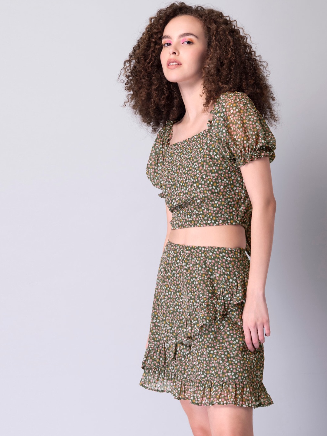 

FabAlley Women Olive Green & White Printed Top with Skirt