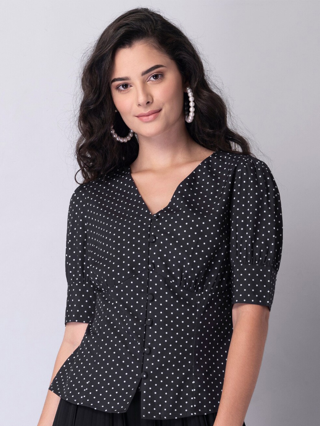 

FabAlley Black Print Crepe Shirt Style Top