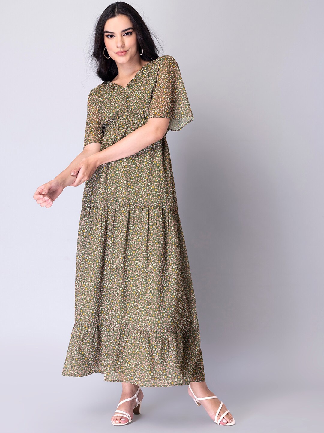 

FabAlley Olive Green & Yellow Floral Georgette Maxi Dress