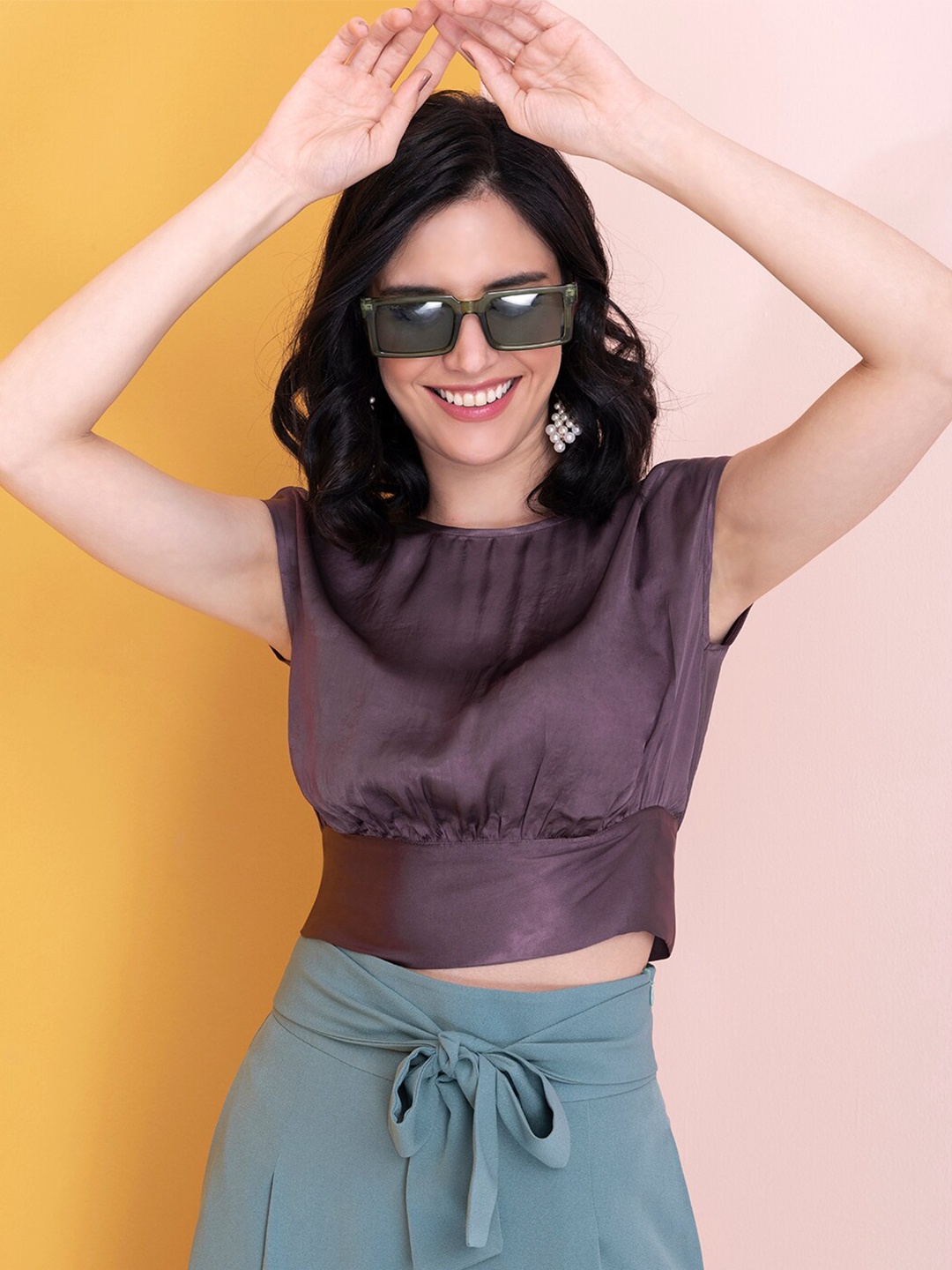 

FabAlley Purple Extended Sleeves Styled Back Crop Top