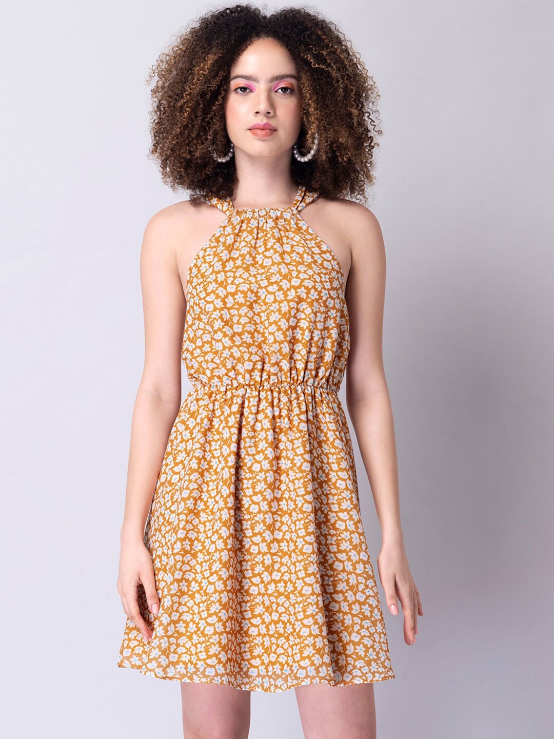 

FabAlley Yellow Floral Halter Neck Dress