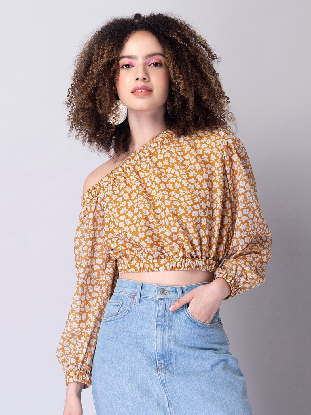 

FabAlley Yellow Floral Print Blouson Crop Top