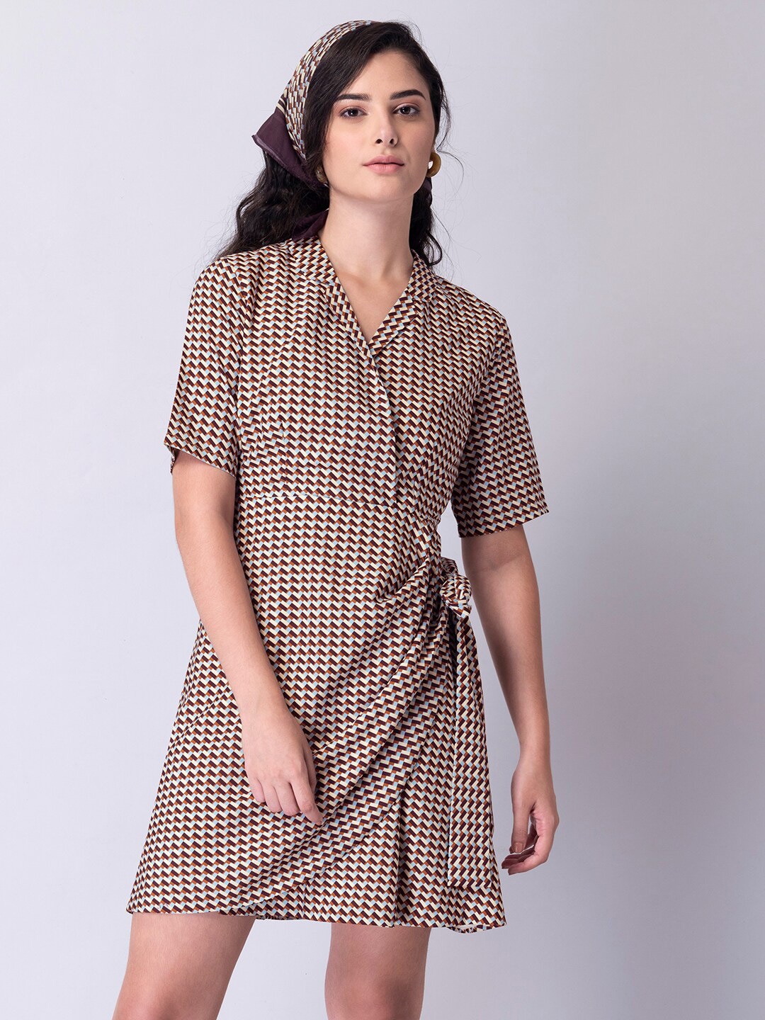 

FabAlley Brown Checked Crepe Dress