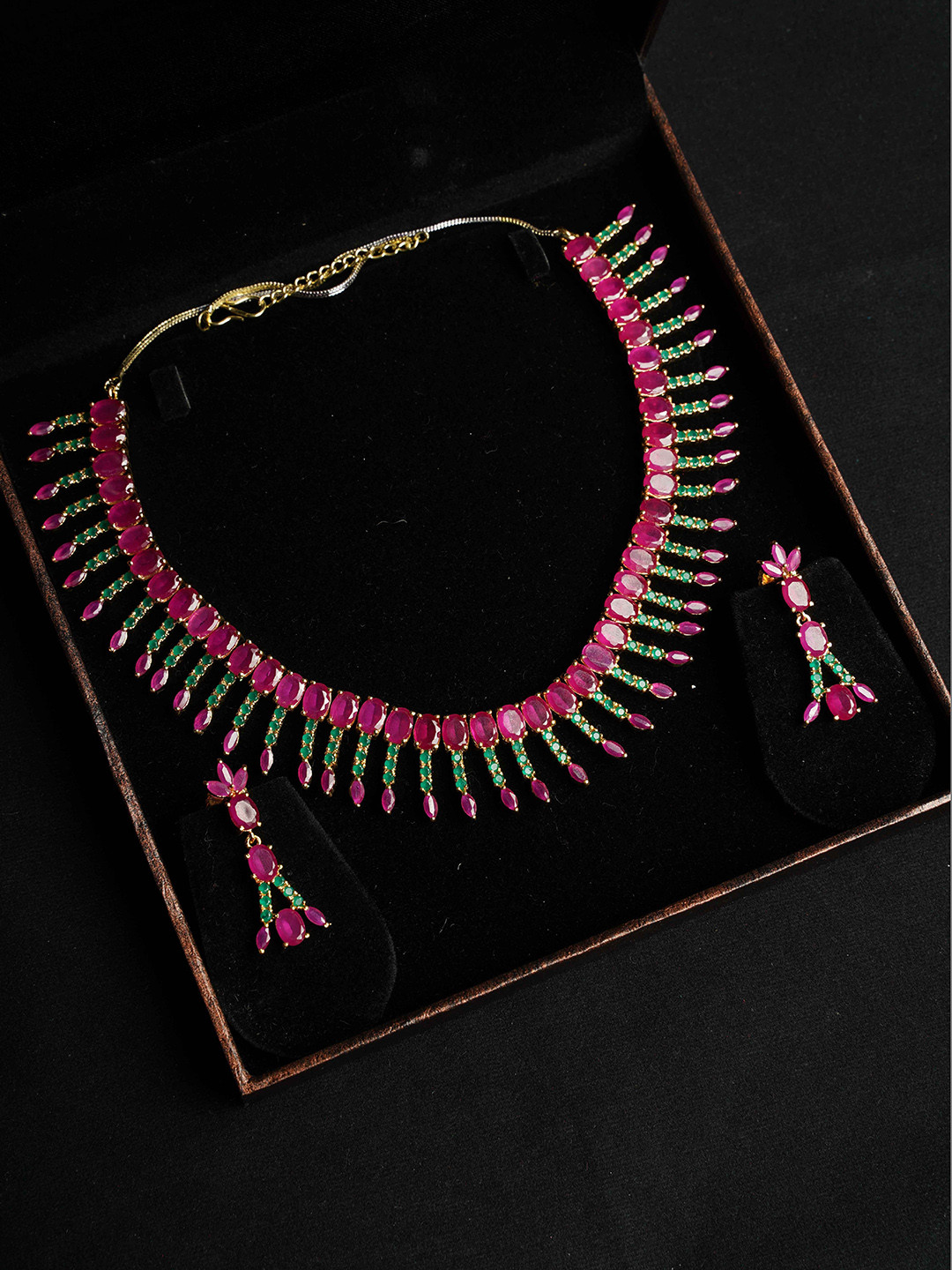 

NASTEE Rhodium-Plated Red & Green Cubic-Zirconia Jewellery Set