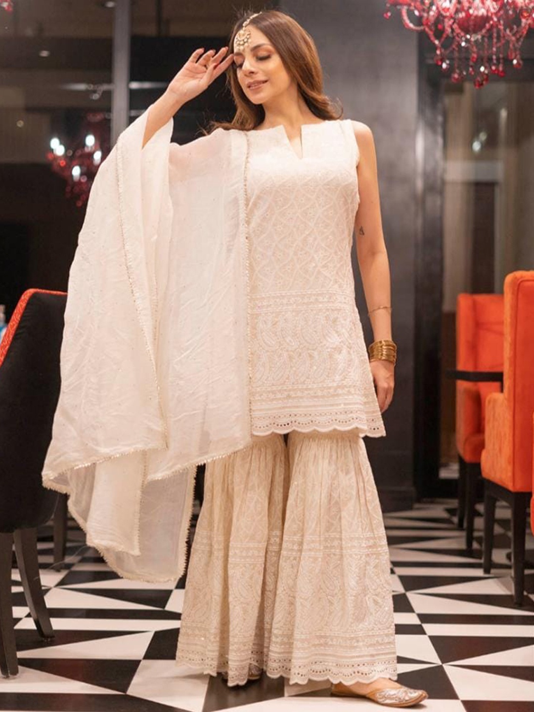 

MIRAVAN Women Beige Embroidered Chikankari Pure Cotton Kurti with Sharara & With Dupatta