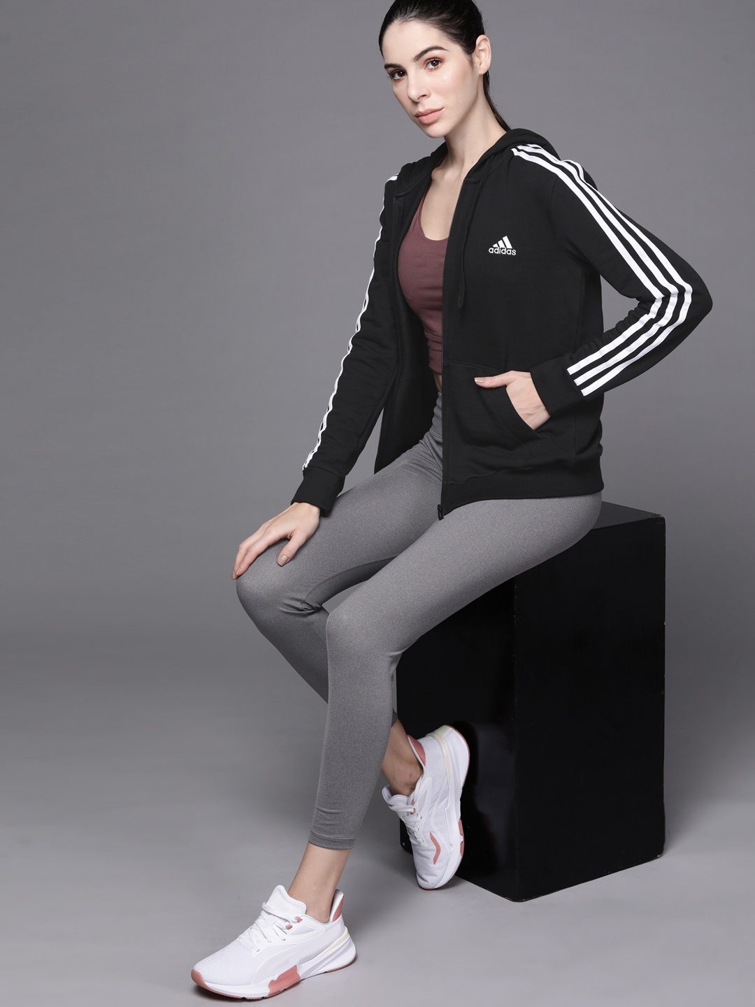 

ADIDAS Women Black 3-Stripes FT FZ Hooded Sweatshirt