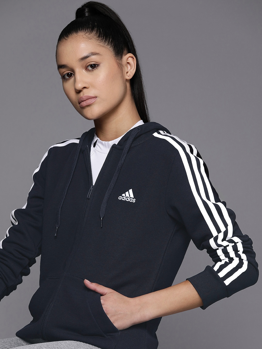 

ADIDAS Navy Blue & White 3-Stripes FT FZ Hooded Sustainable Sweatshirt