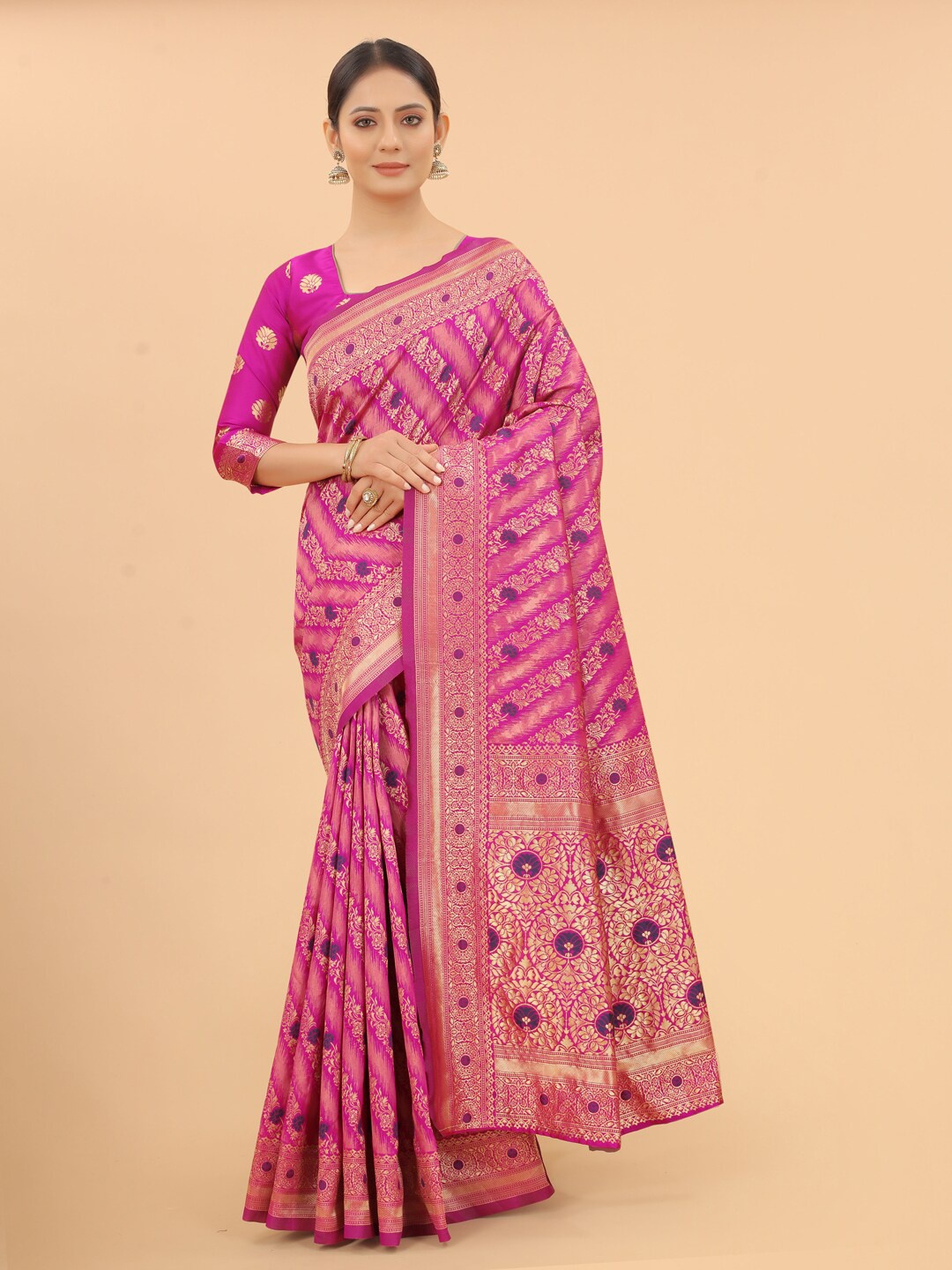 

WELL WORN Pink & Blue Woven Design Zari Silk Cotton Banarasi Saree