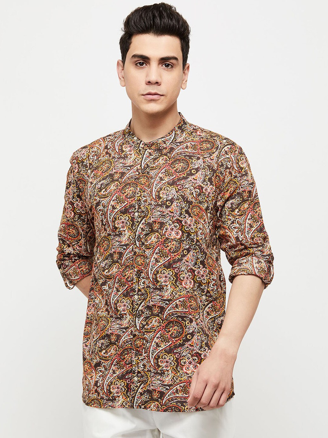 

max Men Brown Paisley Printed Thread Work Kurta